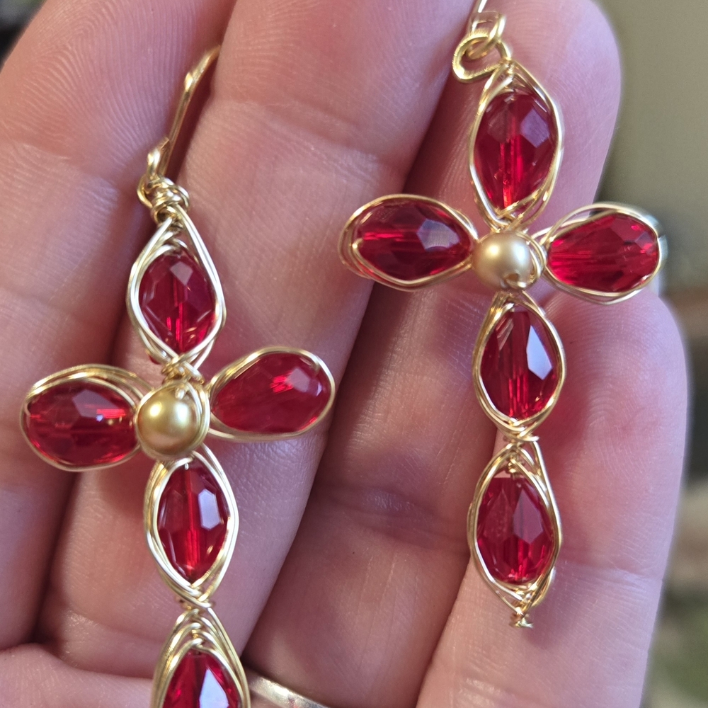 Radiant Red and Gold Cross Earrings